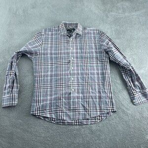 Pronto Uomo Mens Plaid Button-Up Shirt L  100% Cotton Gray & Burgundy 4929